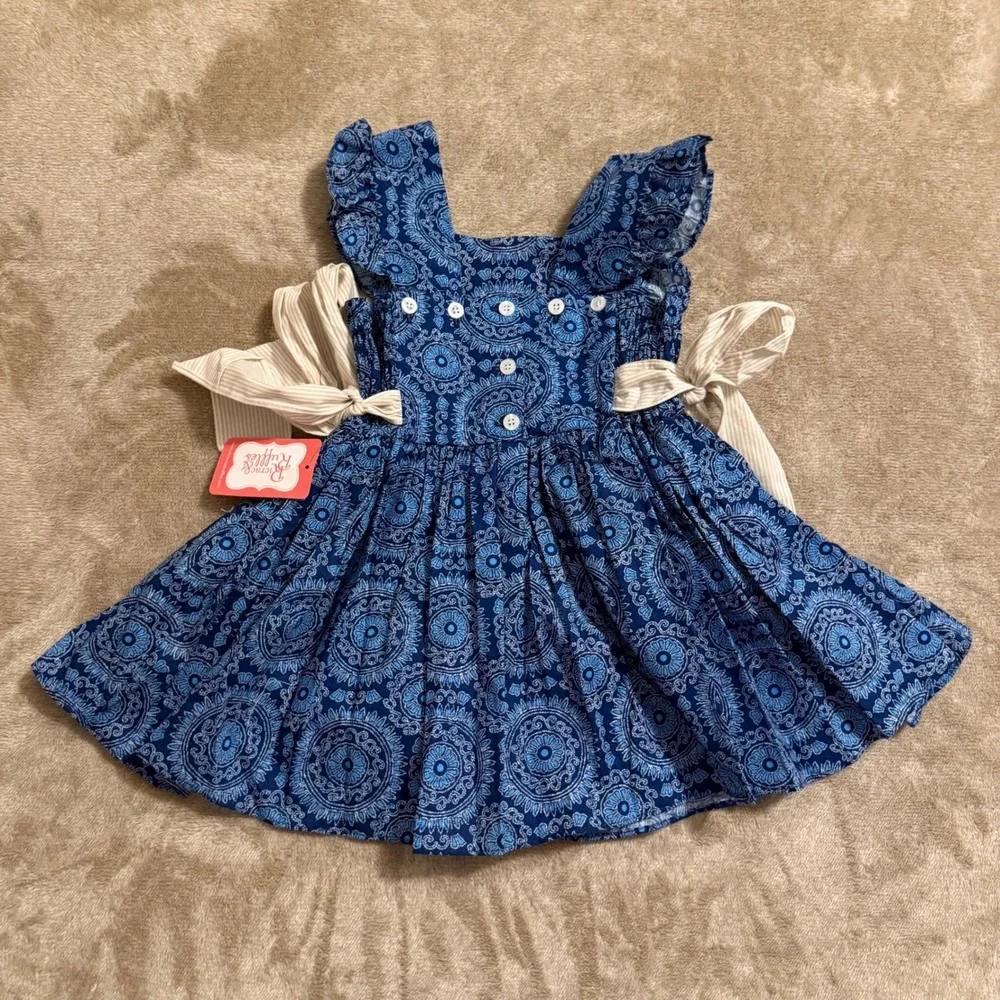 Ricrac & Ruffles Girls Blue Medallion Dress and Striped Bloomer Set Size 5 NWT